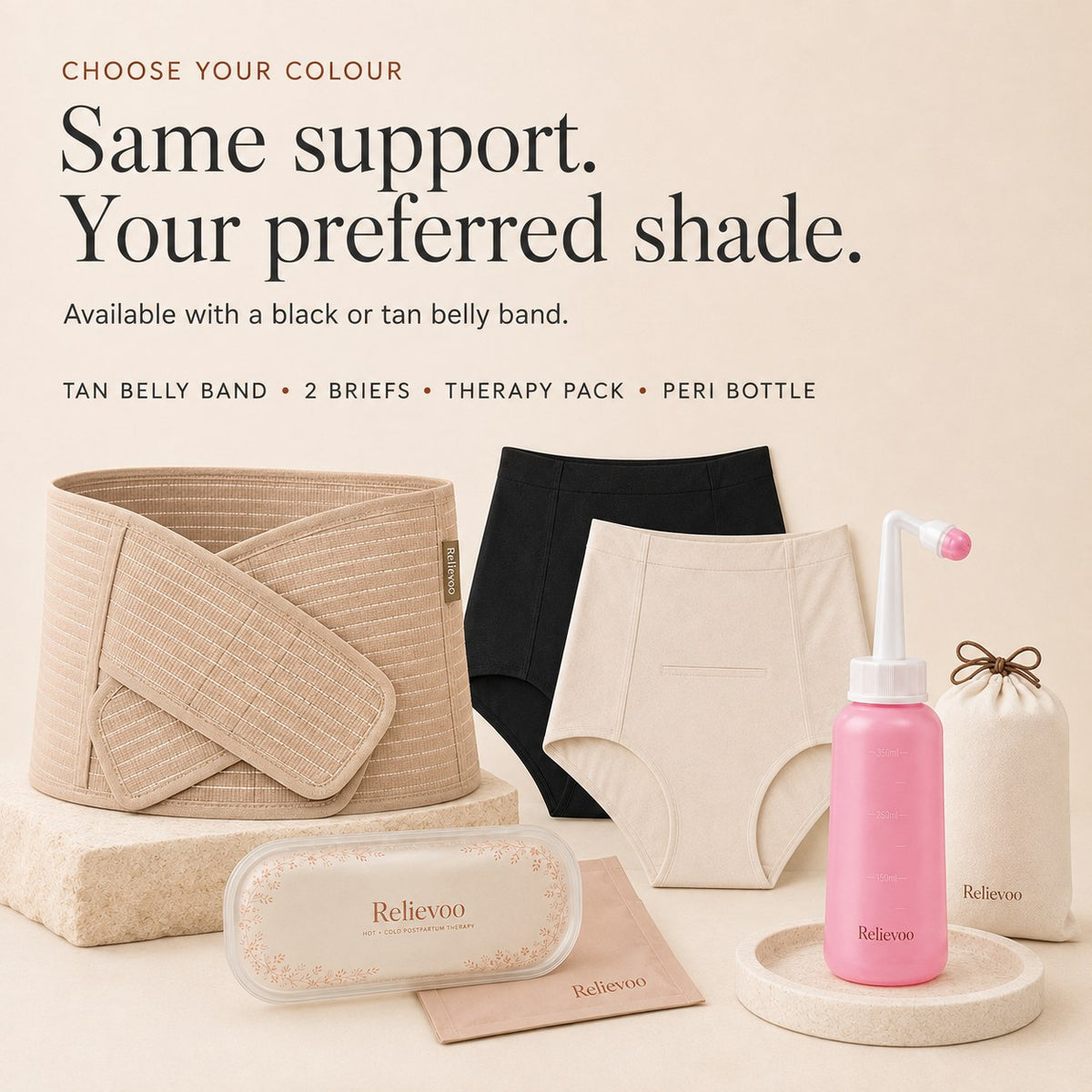 The Relievoo C-section bundle with the tan belly band, two soothing briefs, therapy pack and peri bottle rvpumpen rvhasar