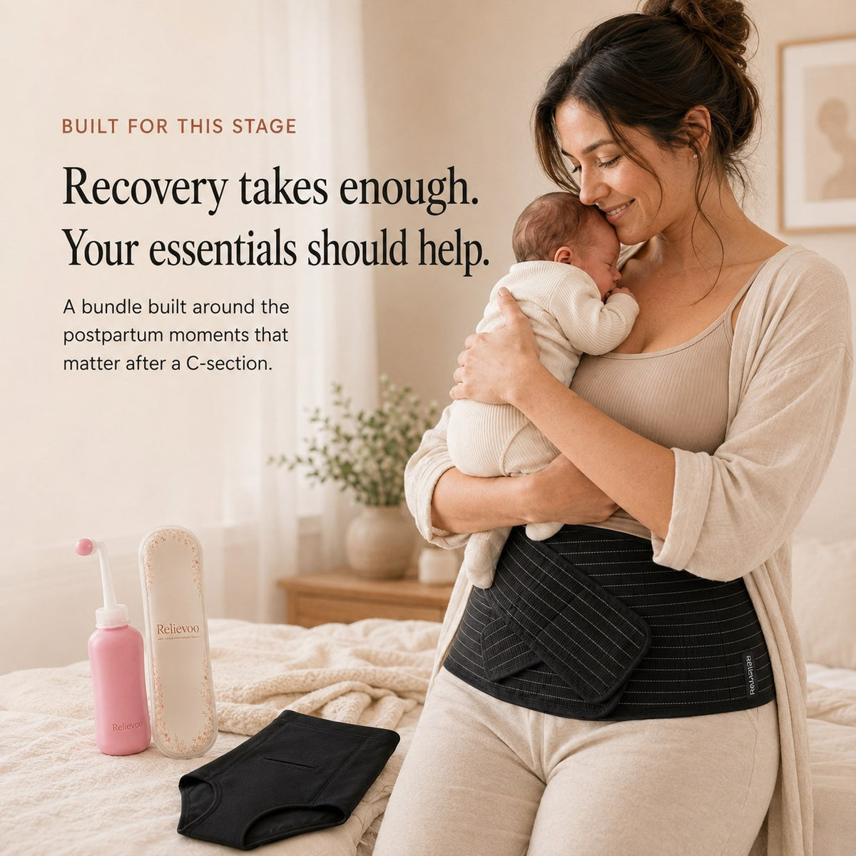 Mother holding her newborn while wearing the Relievoo belly band, with the bundle items beside her rvpumpen rvhasar