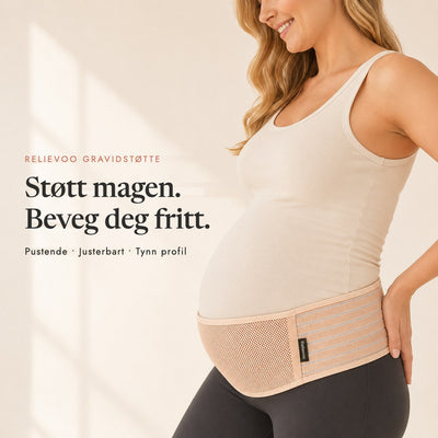 Pregnant woman wearing the tan Relievoo pregnancy support belt under her bump, breathable adjustable low-profile rvpumpen rvhasar