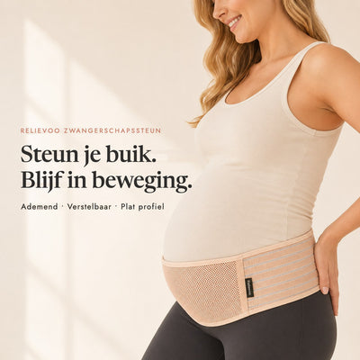 Pregnant woman wearing the tan Relievoo pregnancy support belt under her bump, breathable adjustable low-profile rvpumpen rvhasar