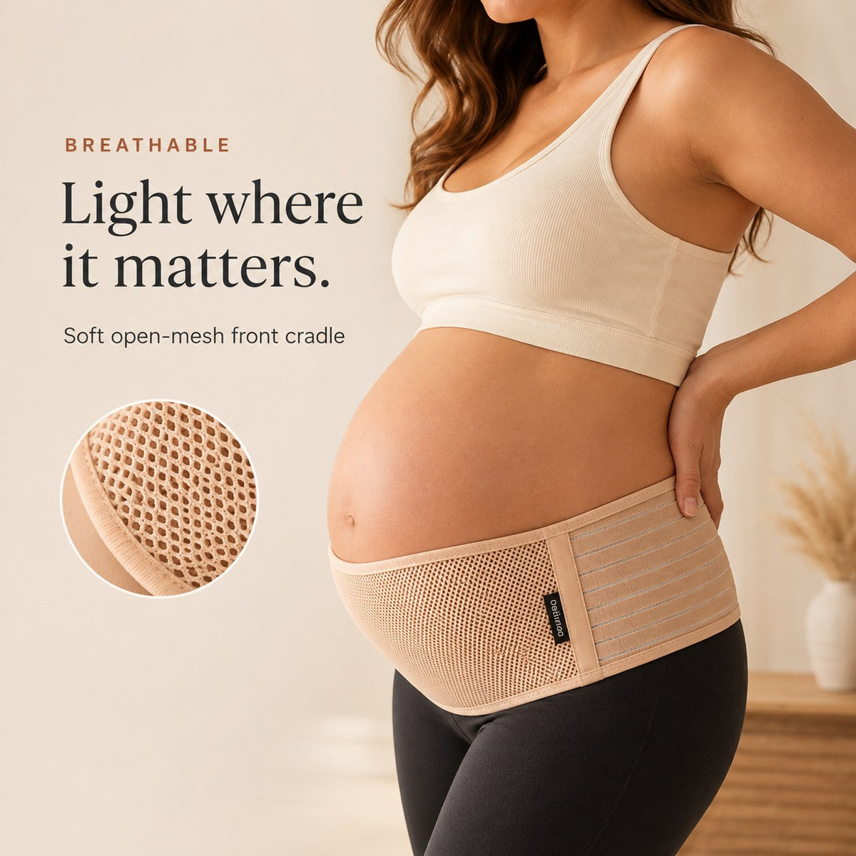 Soft open-mesh front cradle of the Relievoo pregnancy support belt shown in close-up rvpumpen rvhasar