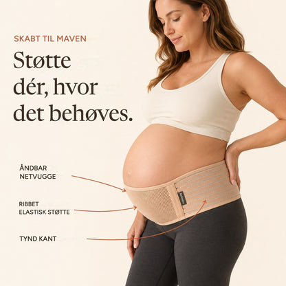 Relievoo pregnancy support belt labelled with its mesh cradle, ribbed elastic support and low-profile edge rvpumpen rvhasar