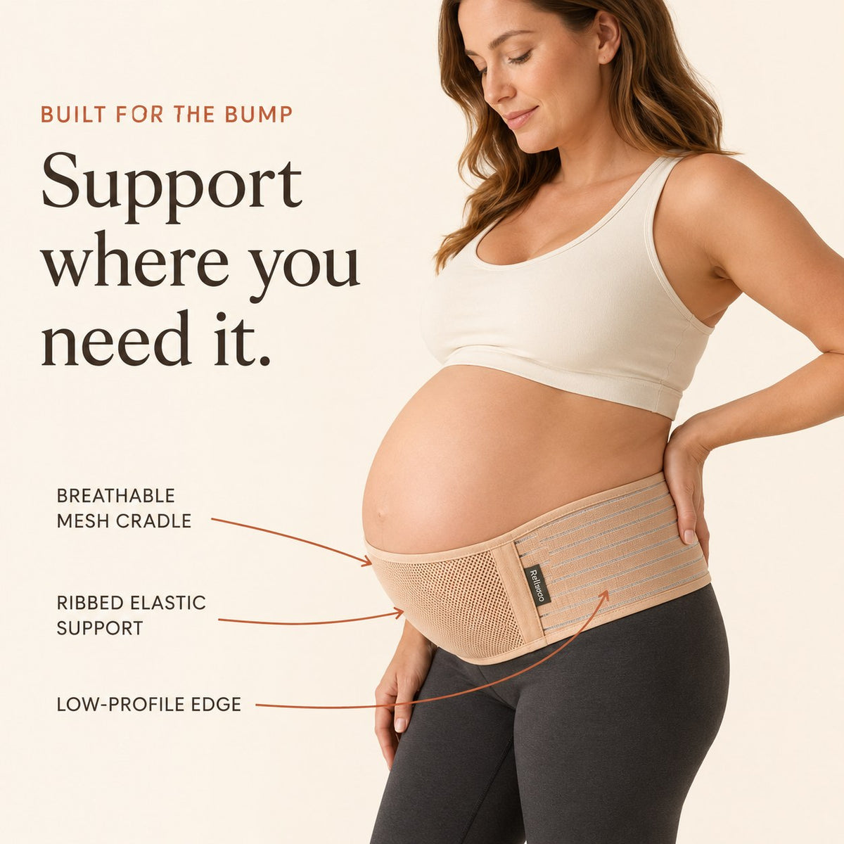 Relievoo pregnancy support belt labelled with its mesh cradle, ribbed elastic support and low-profile edge rvpumpen rvhasar