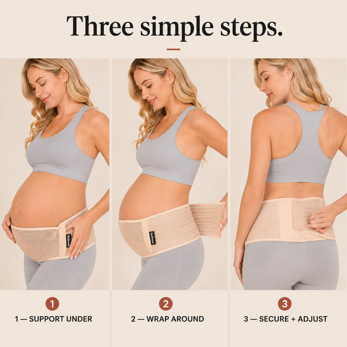 Three steps to put the Relievoo pregnancy support belt on: support under, wrap around, secure and adjust rvpumpen rvhasar