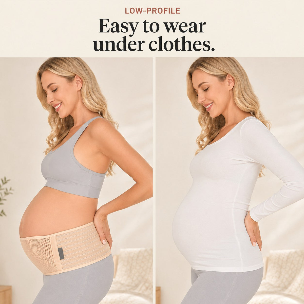 The Relievoo pregnancy support belt worn on the skin and then hidden under a long sleeve top rvpumpen rvhasar