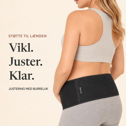 Back view of the black Relievoo pregnancy support belt showing the hook and loop adjustment rvpumpen rvhasar