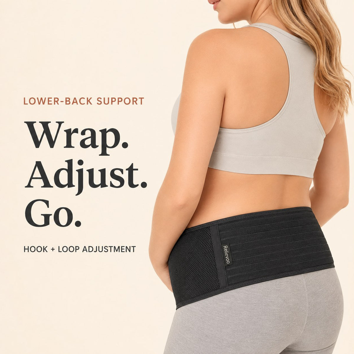 Back view of the black Relievoo pregnancy support belt showing the hook and loop adjustment rvpumpen rvhasar