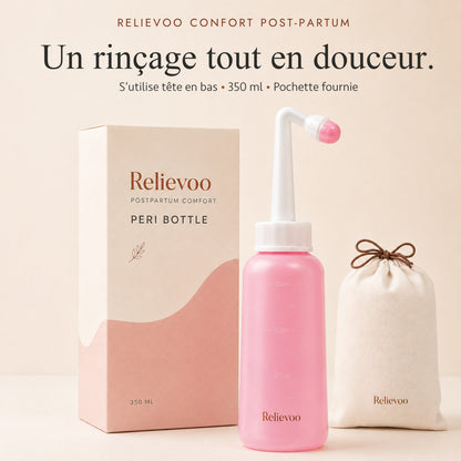 Flacon rince-périnée post-partum Relievoo avec sa boîte de 350 ml et sa pochette de transport en coton, sur fond crème