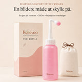 Relievoo postpartum peri bottle with its 350 ml box and cotton travel pouch on a cream background rvpumpen rvhasar