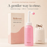 Relievoo postpartum peri bottle with its 350 ml box and cotton travel pouch on a cream background rvpumpen rvhasar