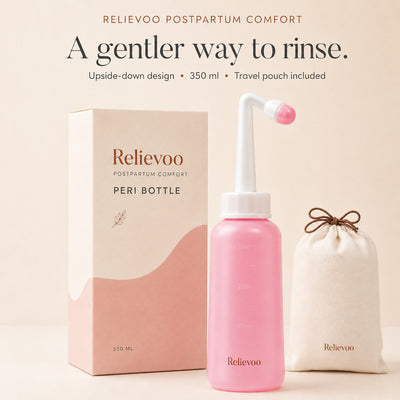 Relievoo postpartum peri bottle with its 350 ml box and cotton travel pouch on a cream background rvpumpen rvhasar