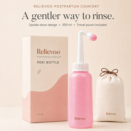 Relievoo postpartum peri bottle with its 350 ml box and cotton travel pouch on a cream background rvpumpen rvhasar