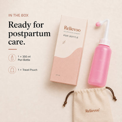 What is in the box: one 350 ml Relievoo peri bottle and one travel pouch, shown with the packaging rvpumpen rvhasar