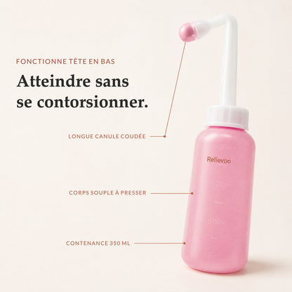 Flacon rince-périnée Relievoo légendé : longue canule coudée, corps souple à presser et contenance de 350 ml