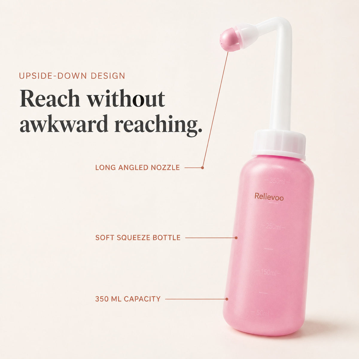 Relievoo peri bottle labelled with its long angled nozzle, soft squeeze bottle and 350 ml capacity rvpumpen rvhasar