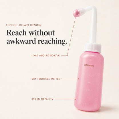 Relievoo peri bottle labelled with its long angled nozzle, soft squeeze bottle and 350 ml capacity rvpumpen rvhasar