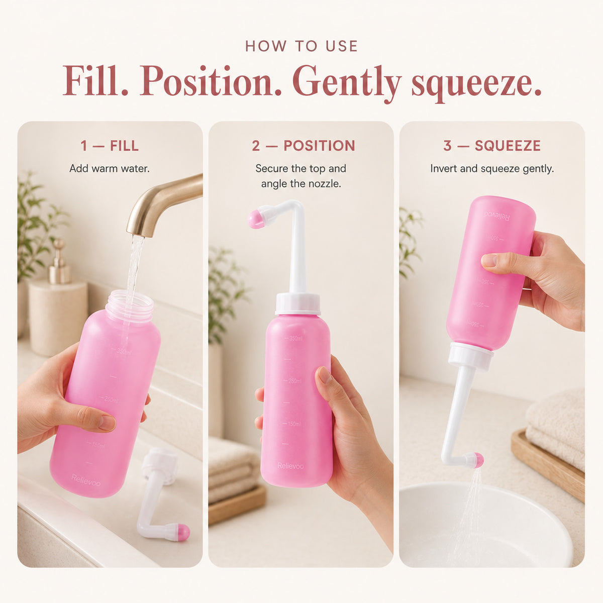 Three steps to use the Relievoo peri bottle: fill with warm water, secure the top and angle the nozzle, invert and squeeze rvpumpen rvhasar