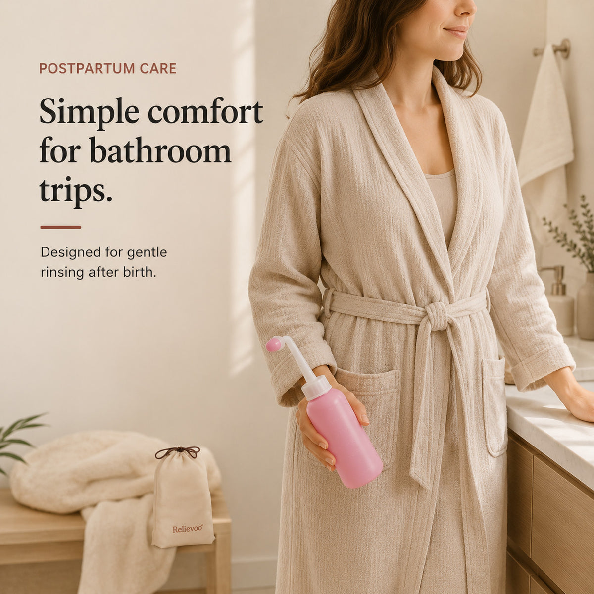 Woman in a bathrobe holding the Relievoo peri bottle in a bathroom, travel pouch on the bench rvpumpen rvhasar