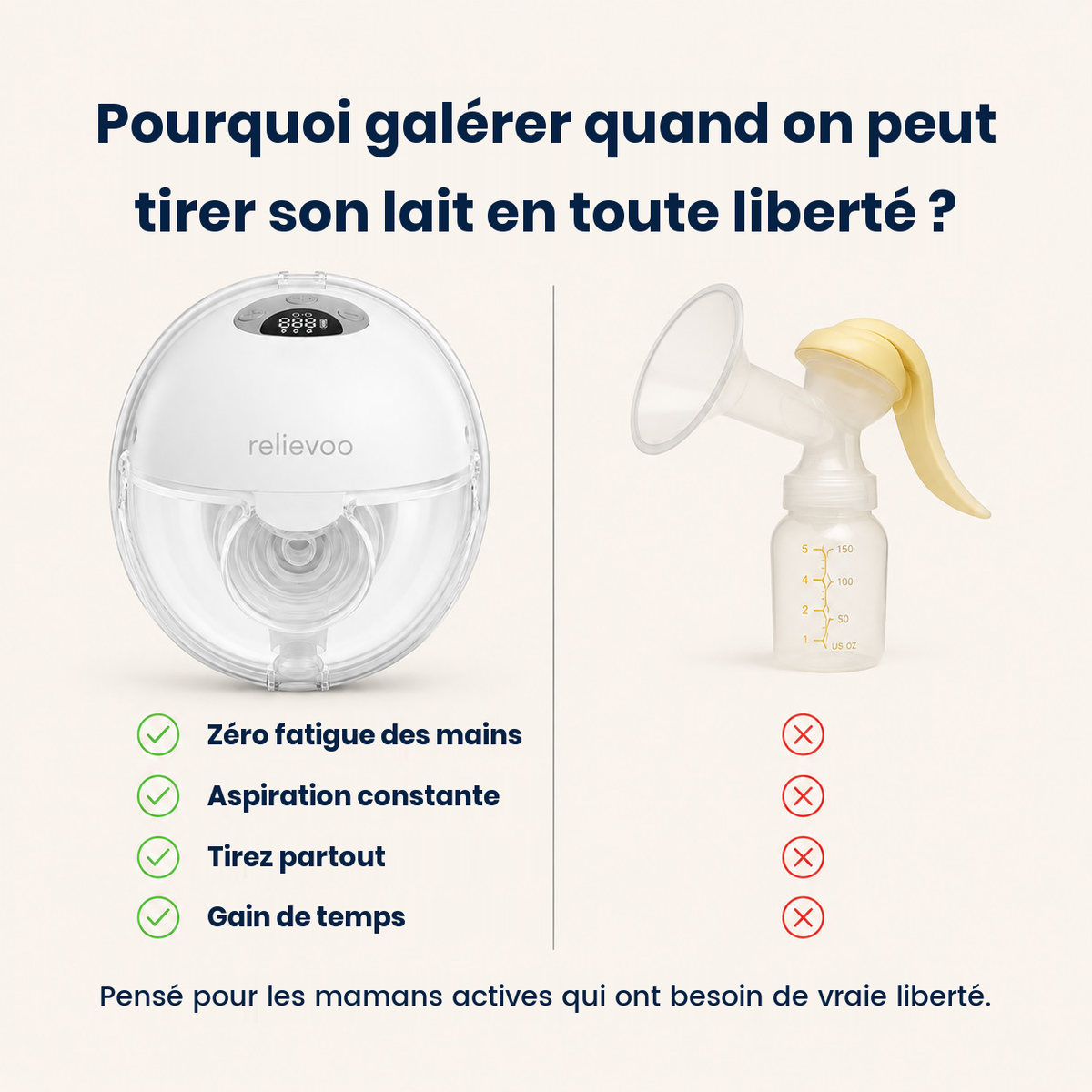Tire-lait sans fil Relievoo M22 PRO2 comparé à un tire-lait manuel : zéro fatigue des mains, aspiration constante