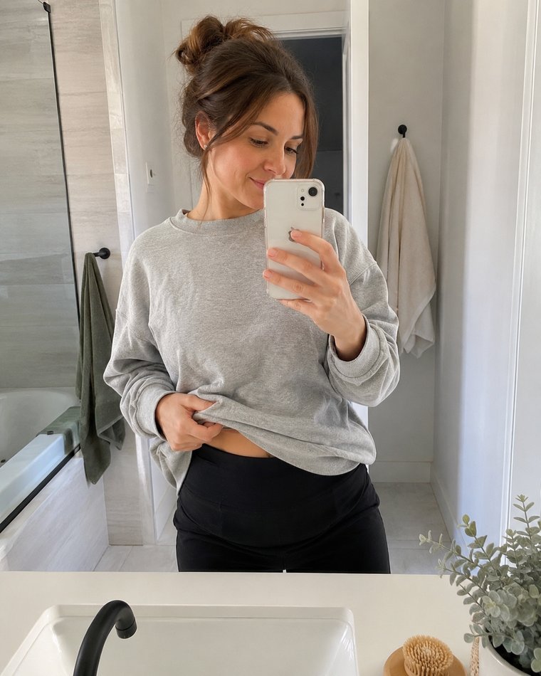 Femme soulevant son sweat gris devant le miroir pour montrer la culotte apaisante Relievoo noire, port&eacute;e taille haute