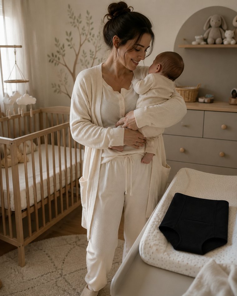 Maman portant son nouveau-n&eacute; dans la chambre de b&eacute;b&eacute;, la culotte apaisante noire pos&eacute;e sur la table &agrave; langer