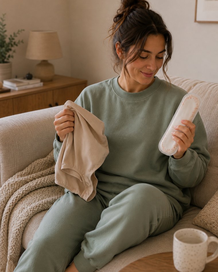 Femme sur un canap&eacute;, la culotte apaisante beige dans une main et la compresse chaud-froid dans l&rsquo;autre