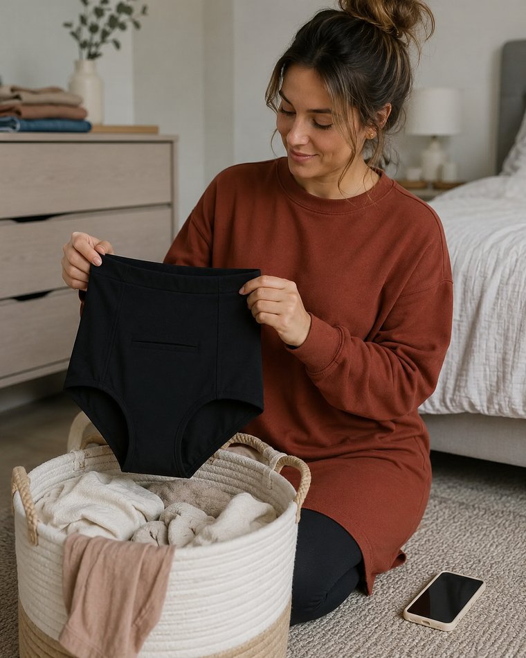 Femme agenouill&eacute;e pr&egrave;s d&rsquo;un panier &agrave; linge, tenant la culotte apaisante noire
