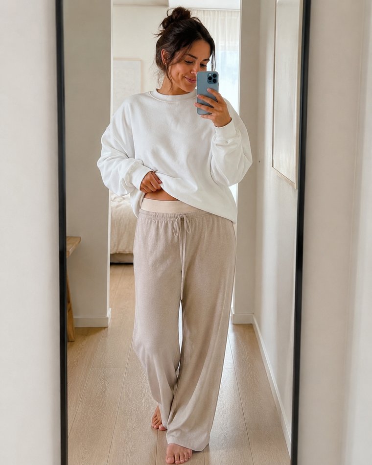 Femme en photo devant le miroir du couloir, culotte apaisante beige port&eacute;e sous un sweat blanc