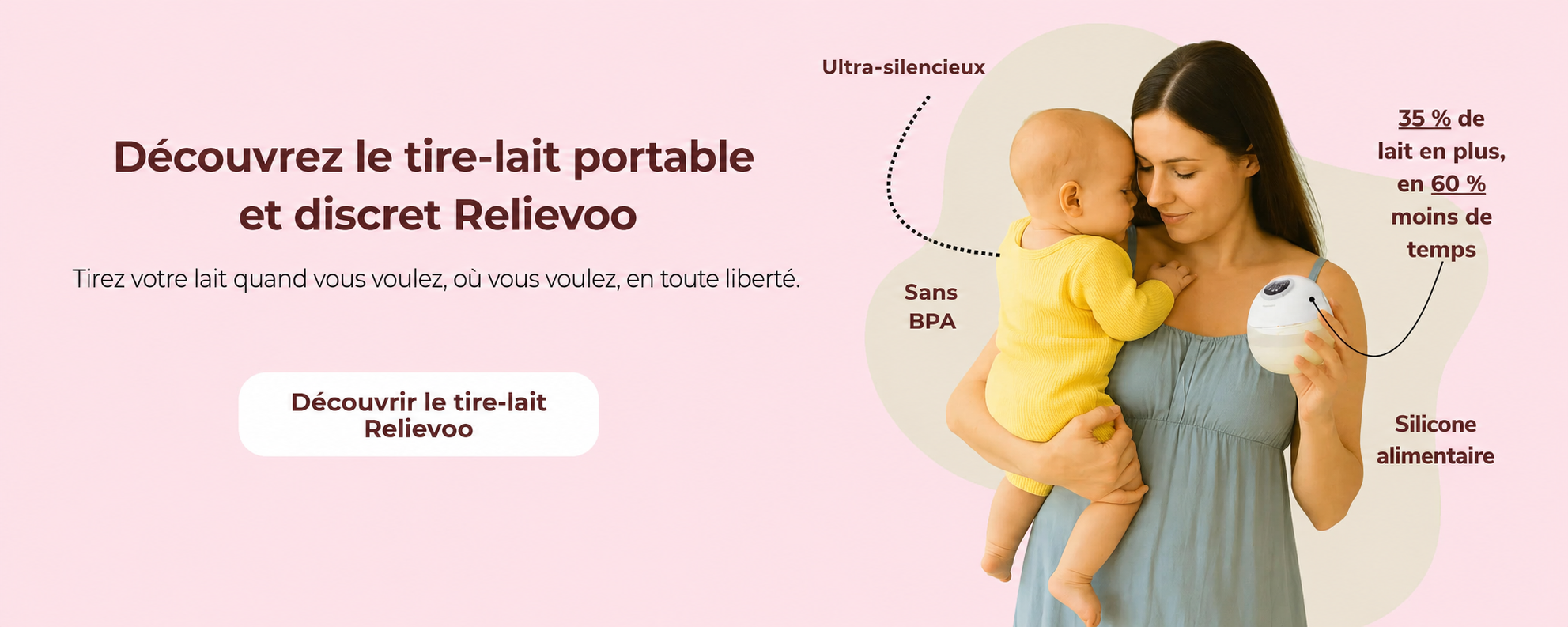 Tire-lait portable discret Relievoo — ultra-silencieux, sans BPA, silicone alimentaire, 35% de lait en plus