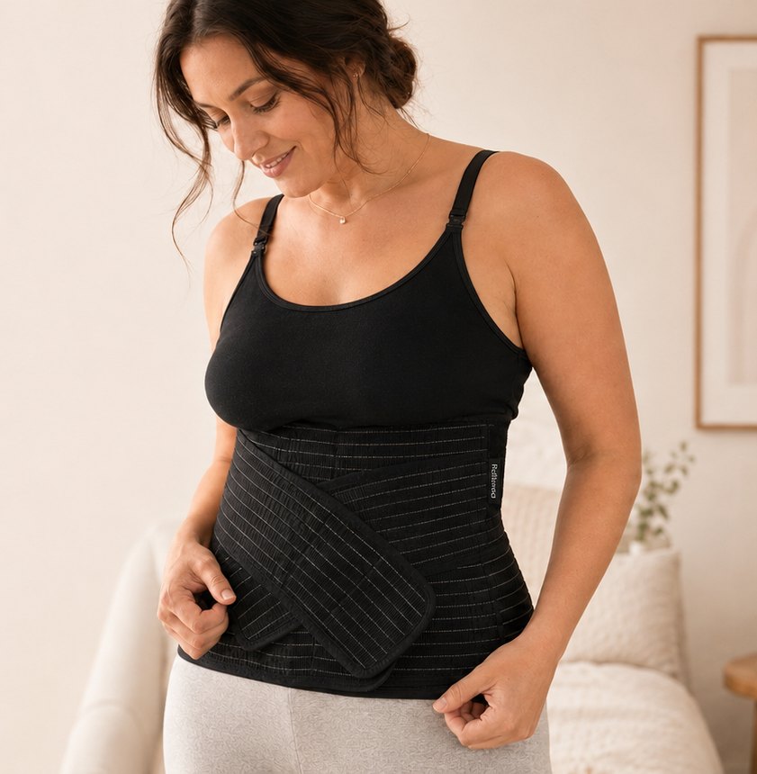 Woman adjusting the black Relievoo postpartum belly band worn above the scar line