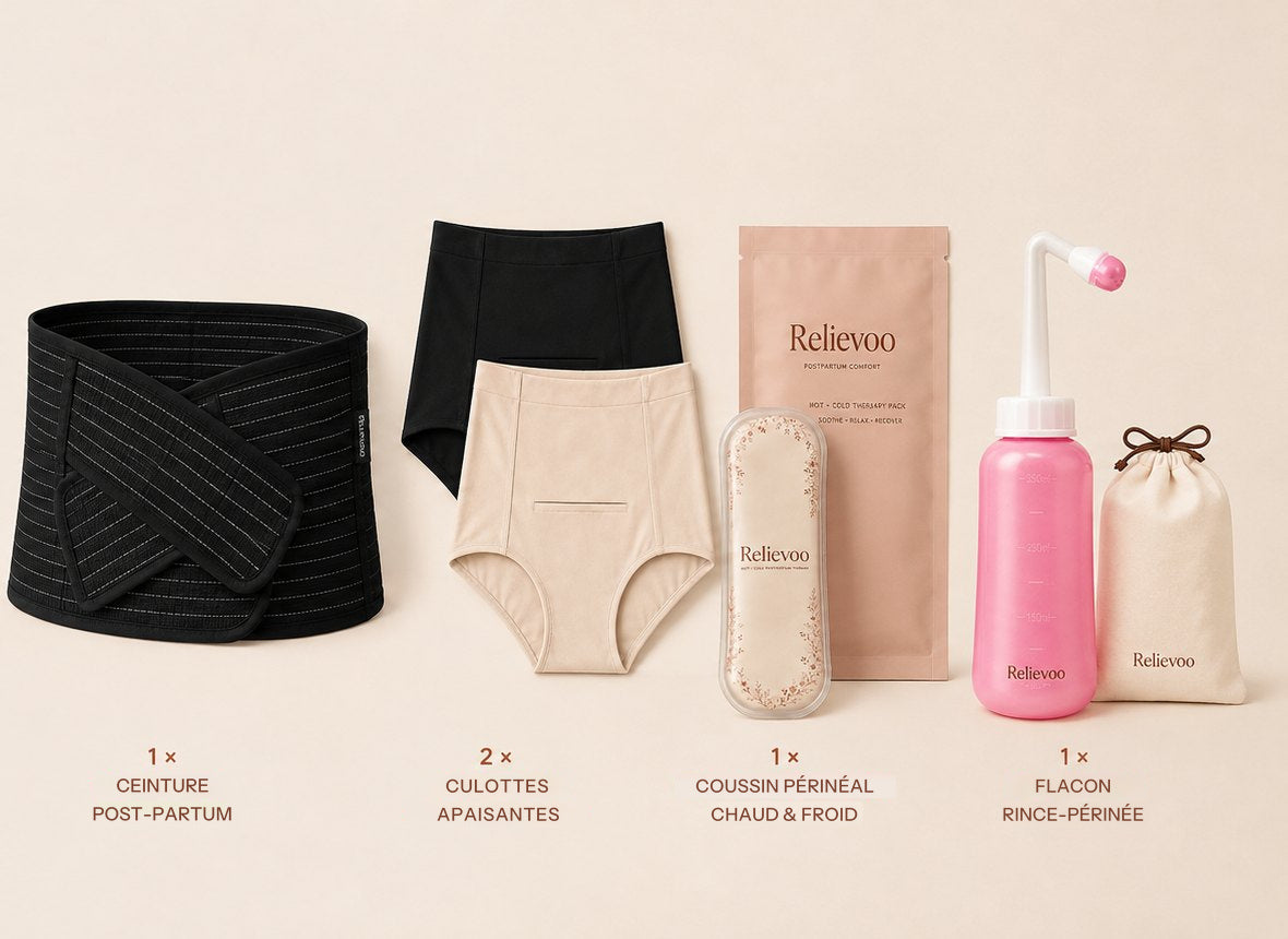 Les quatre articles du coffret c&eacute;sarienne Relievoo l&eacute;gend&eacute;s : ceinture, deux culottes apaisantes, coussin chaud et froid et flacon rince-p&eacute;rin&eacute;e