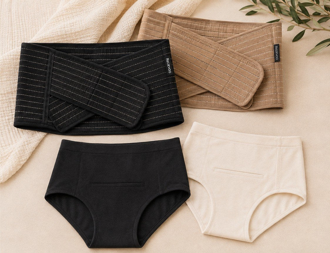 The Relievoo belly band shown in black and tan beside the black and ivory soothing briefs