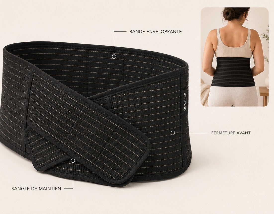 Ceinture de maintien post-partum Relievoo légendée : bande enveloppante, fermeture avant et sangle de maintien