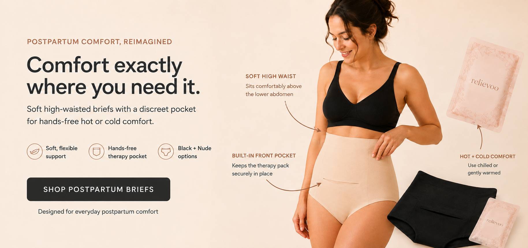 Relievoo postpartum soothing briefs in nude and black, soft high waist with a built-in front pocket that holds a hot or cold therapy pack hands-free