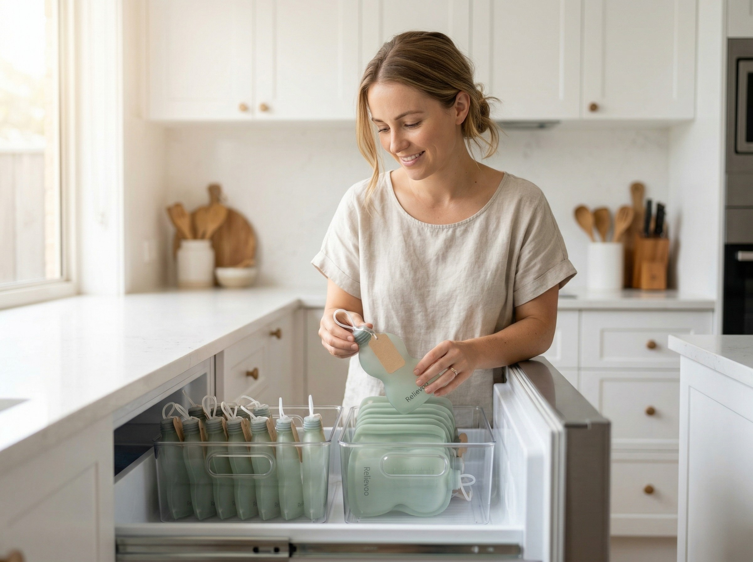 British mum organising Relievoo silicone storage bags in freezer